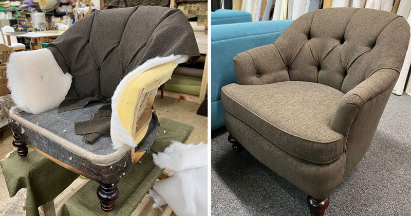 Chair reupholstered with brown fabric and tufted back