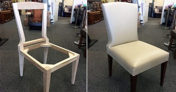 Custom made dining chair with grey leather upholstery