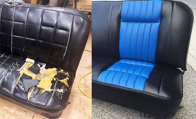 Auto seat bench reupholstery with black and blue vinyl