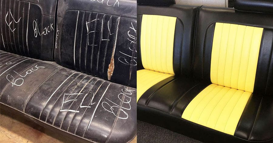 ar seat bench reupholstred with black and yellow vinyl