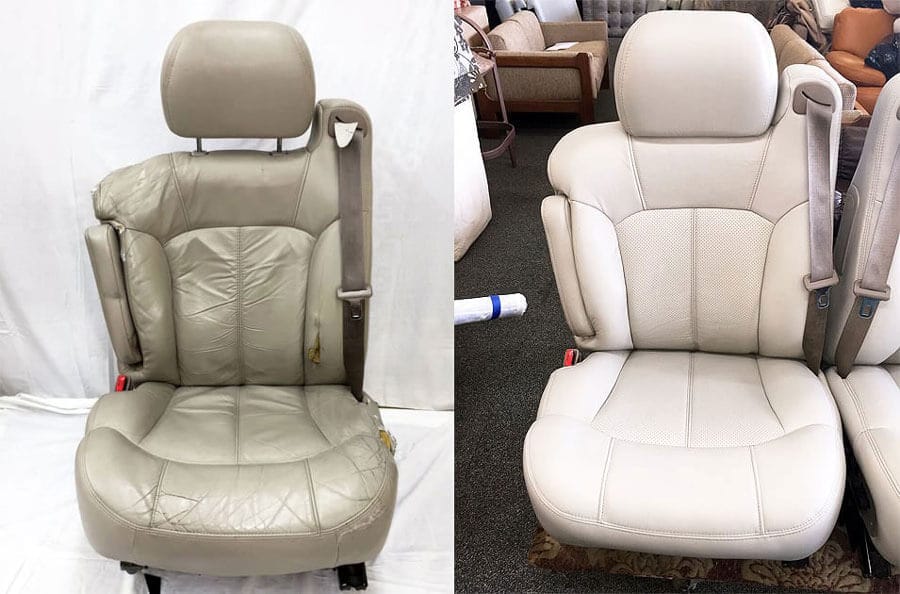 Car seat reupholstered with grey leather and changed foam