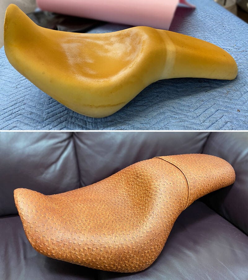 Motorcycle seat reupholstered with leather-like material