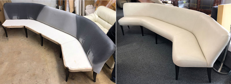 Custom made curved bench with white leather upholstery
