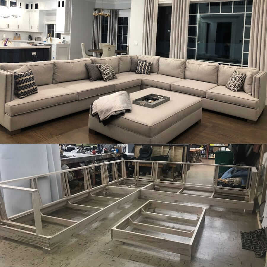 Custom sectional reupholstered with grey fabric