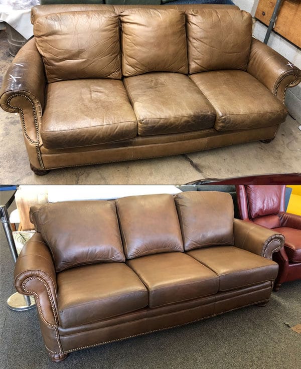 Brown sofa leather restoration with seat and back cushions restorerd