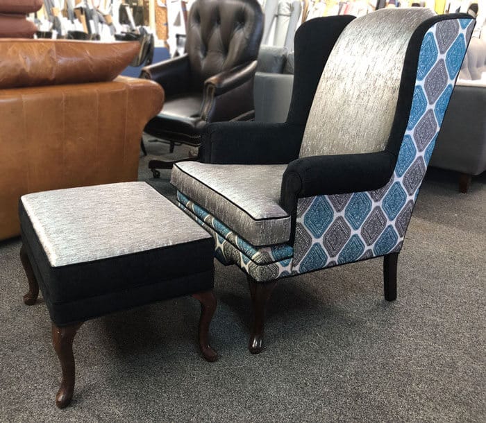 Chair and ottoman custom reupholstered with fabric
