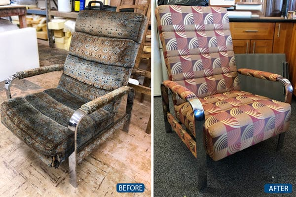 Chair reupholstered with fabric and replaced foam