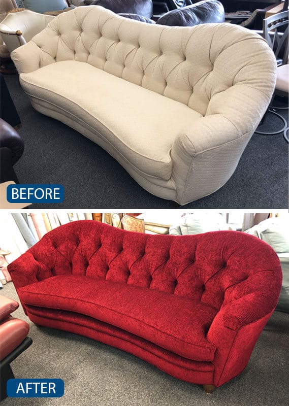 Sofa reupholstered with red fabric and tufted back